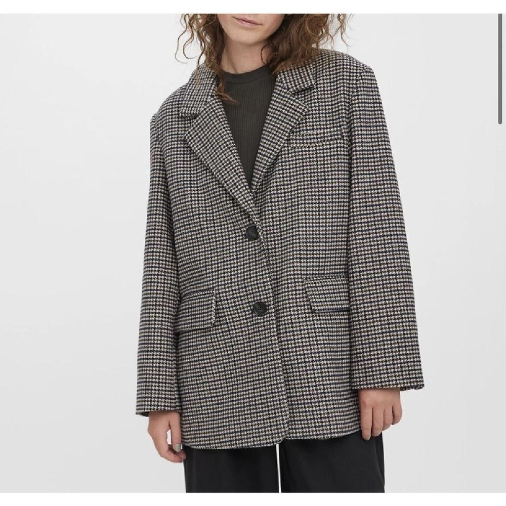 Vero Moda Jacket Womens XL Brown Houndstooth VMJosefine Check Wool Blazer Coat